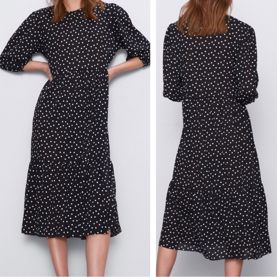 Zara Polka Dot Black And White Puff Sleeves Ruffle Relaxed Fit Midi Dress S